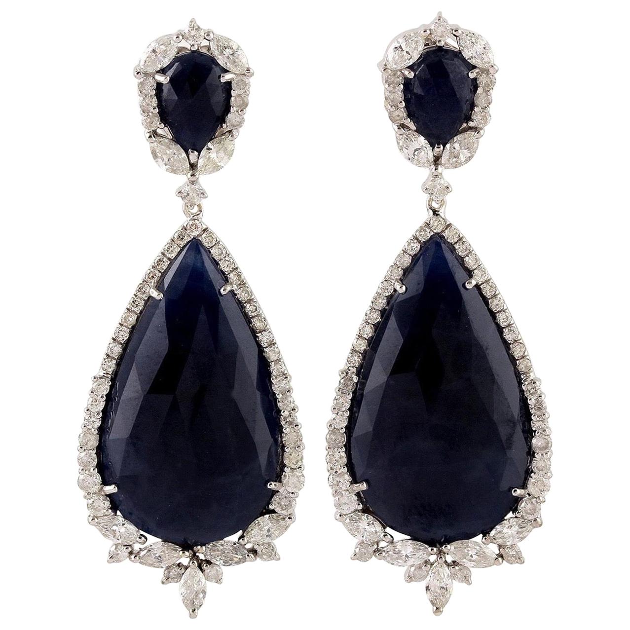 34.29 Carat Blue Sapphire Diamond 18 Karat Gold Earrings For Sale