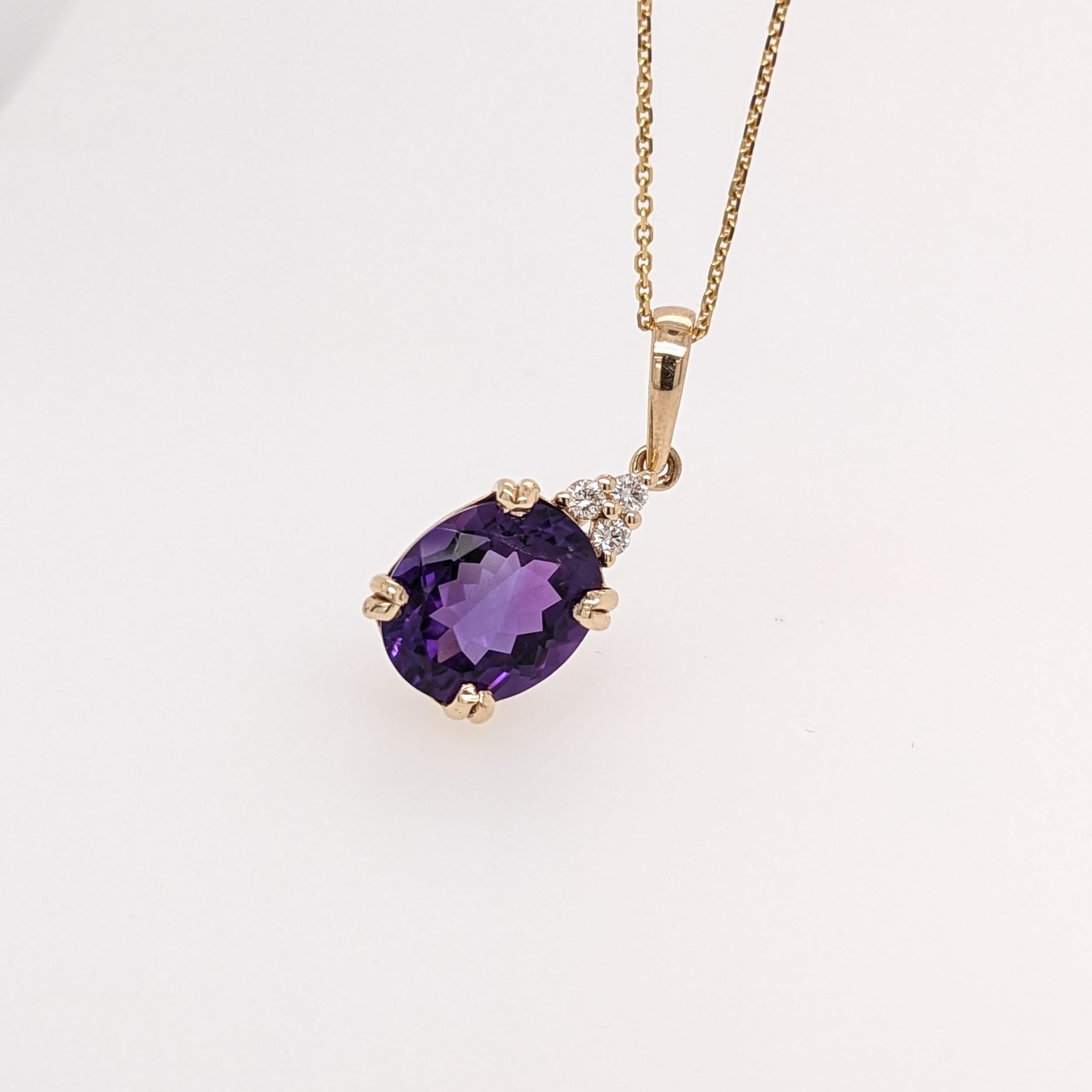 A gorgeous purple amethyst in our classic NNJ pendant design set in 14k yellow gold with a trio of natural diamond accents. Available with a chain!

Specifications:

Item Type: Pendant
Center Stone: Amethyst
Treatment: Heated
Weight: 3.42 ct
Head