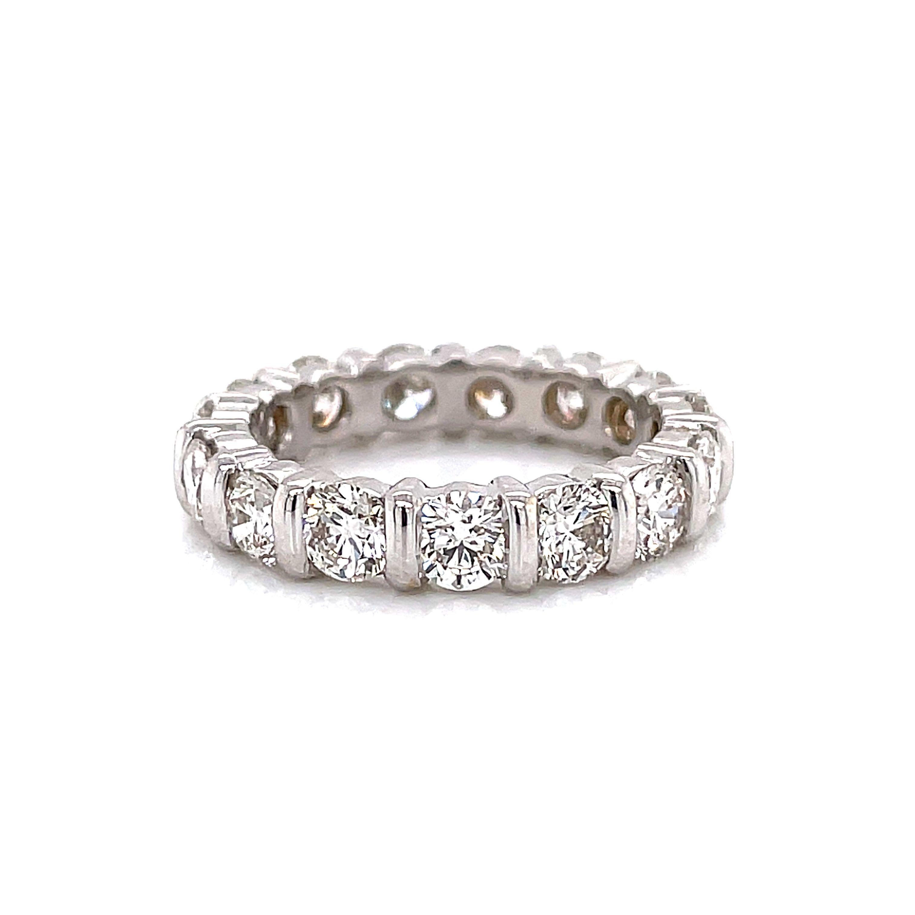 Contemporary 3.42ct Channel Set Round Diamond Eternity Band 18k White Gold s.6.5 For Sale