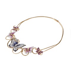3.42ct Diamond Five Butterflies Rubies, Sapphires Necklace in 18 Kt Yellow Gold