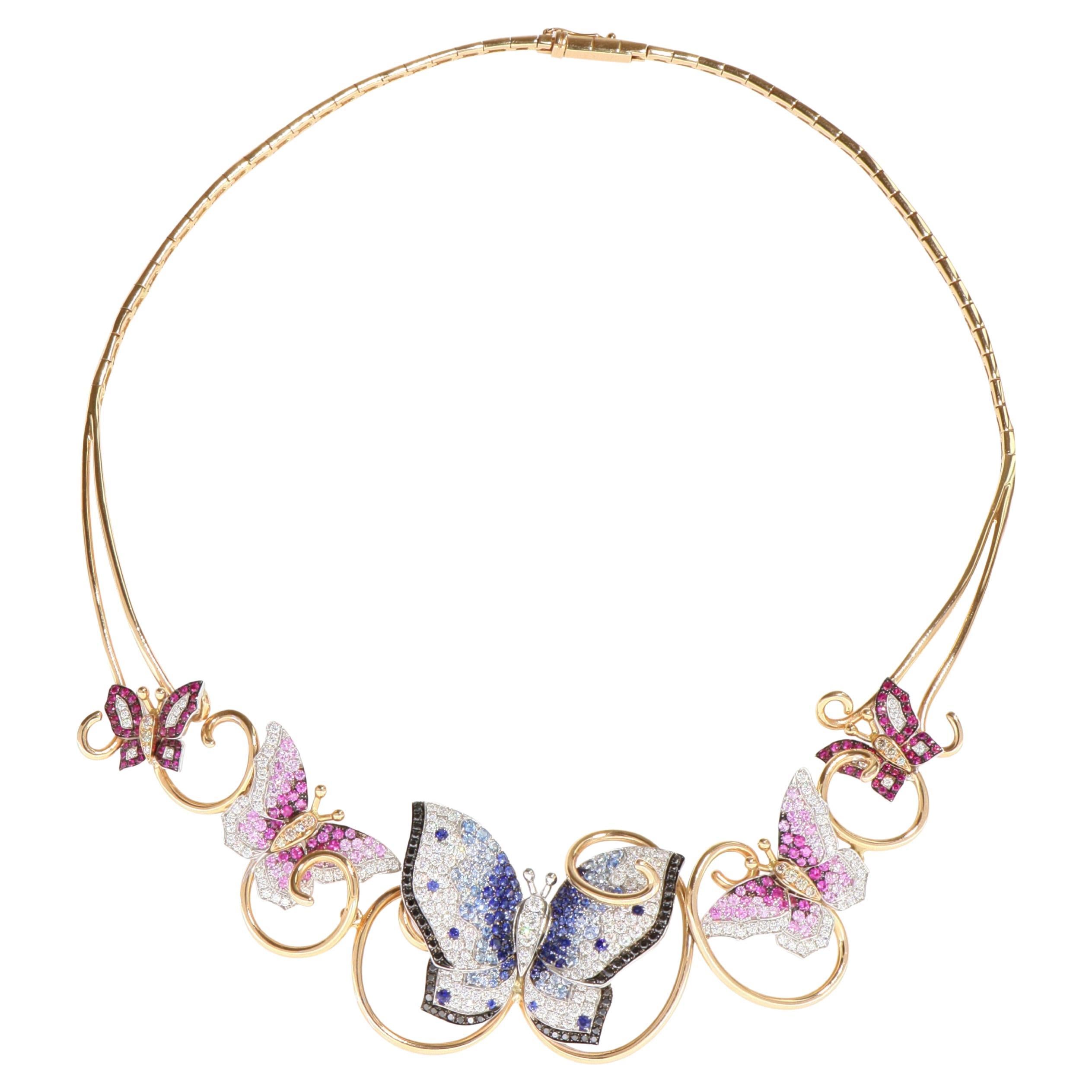 3.42ct Diamond Five Butterflies Rubies, Sapphires Necklace in 18 Kt Yellow Gold