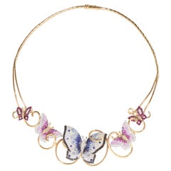 3.42ct Diamond Five Butterflies Rubies, Sapphires Necklace in 18 Kt Yellow Gold