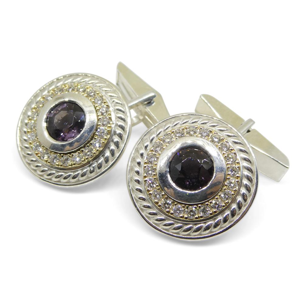 3.42ct Purple Spinel & Diamond Cufflinks set in 925 Sterling Silver and 14k Yell For Sale 5