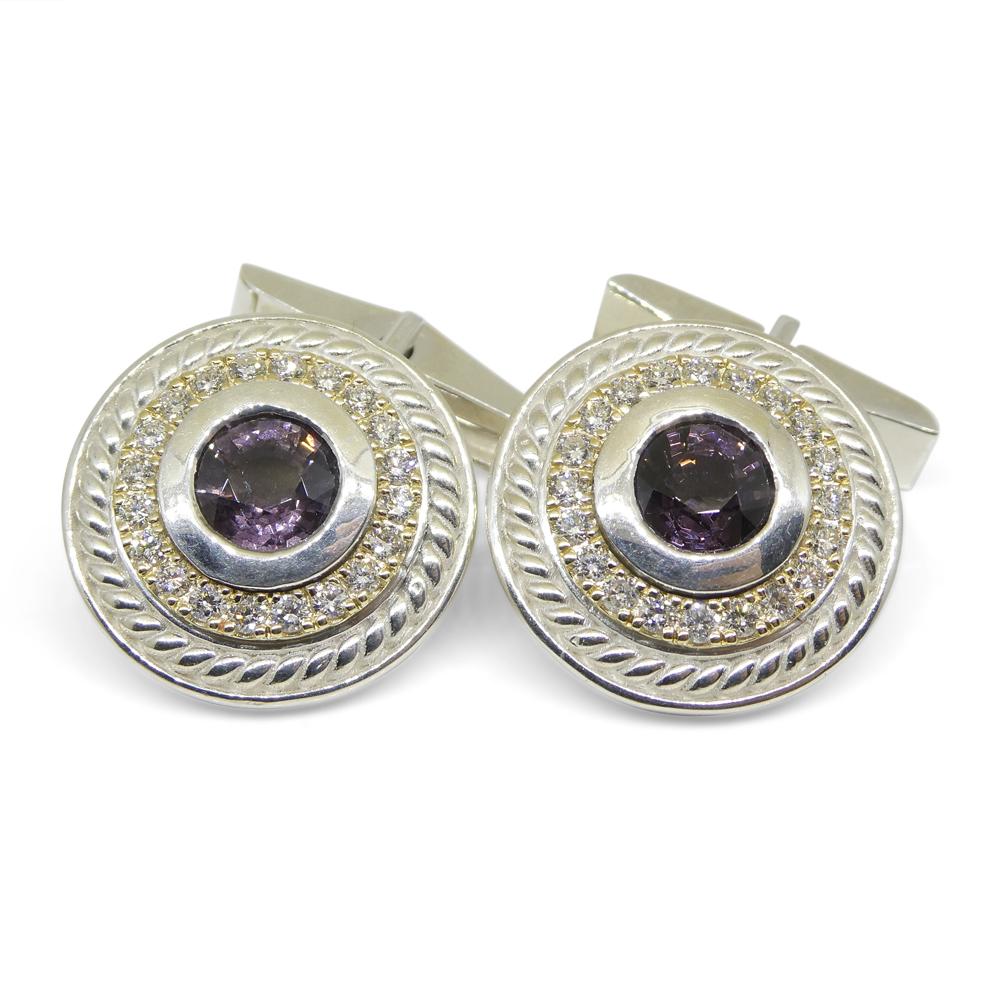 Contemporary 3.42ct Purple Spinel & Diamond Cufflinks set in 925 Sterling Silver and 14k Yell For Sale