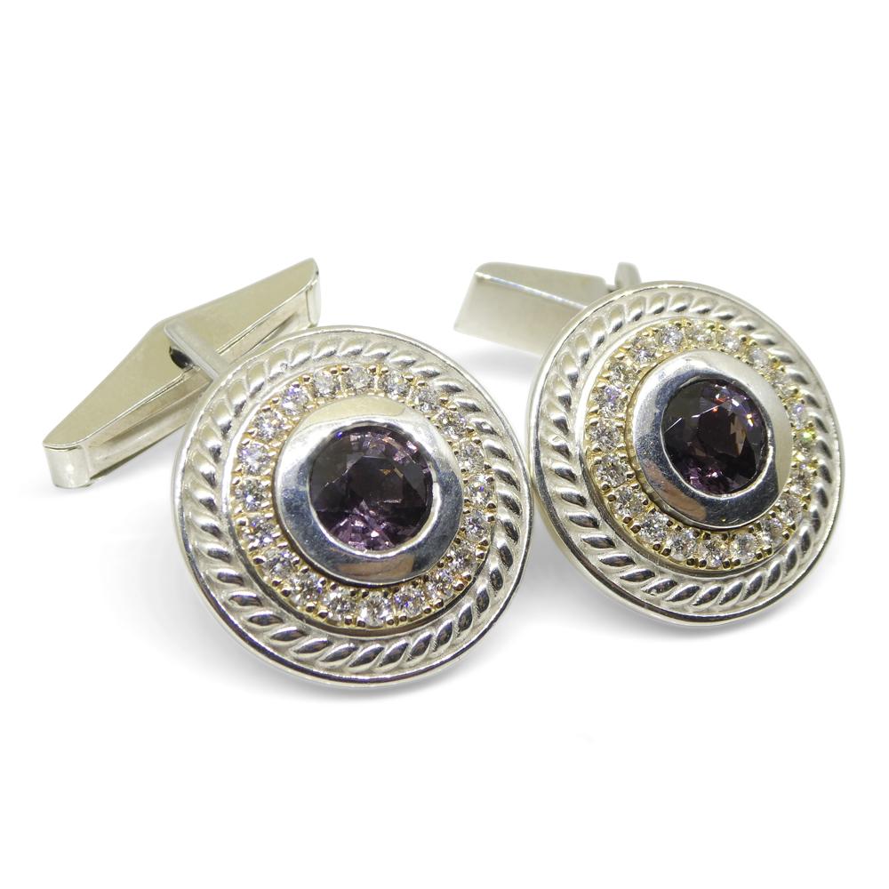 Brilliant Cut 3.42ct Purple Spinel & Diamond Cufflinks set in 925 Sterling Silver and 14k Yell For Sale