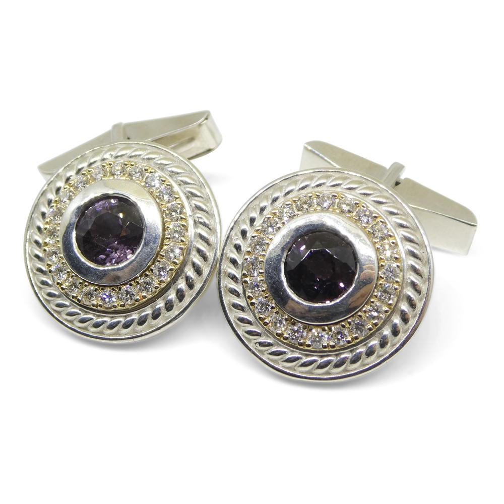 3.42ct Purple Spinel & Diamond Cufflinks set in 925 Sterling Silver and 14k Yell In New Condition For Sale In Toronto, Ontario