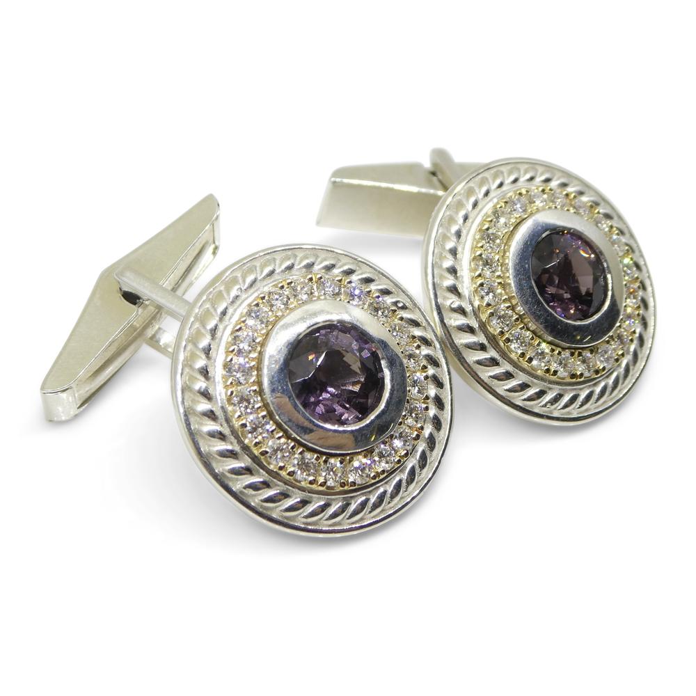 Women's or Men's 3.42ct Purple Spinel & Diamond Cufflinks set in 925 Sterling Silver and 14k Yell For Sale