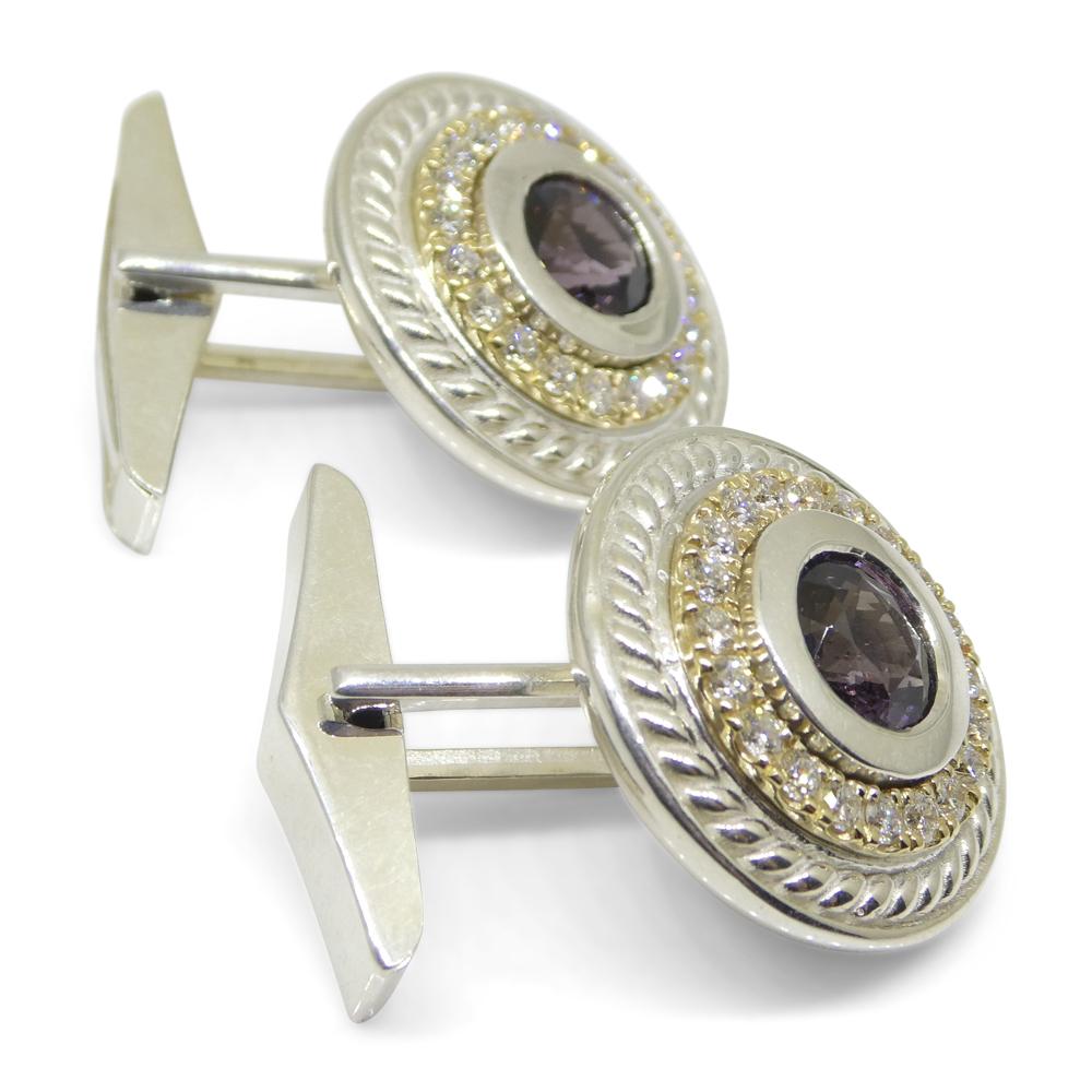 3.42ct Purple Spinel & Diamond Cufflinks set in 925 Sterling Silver and 14k Yell For Sale 1