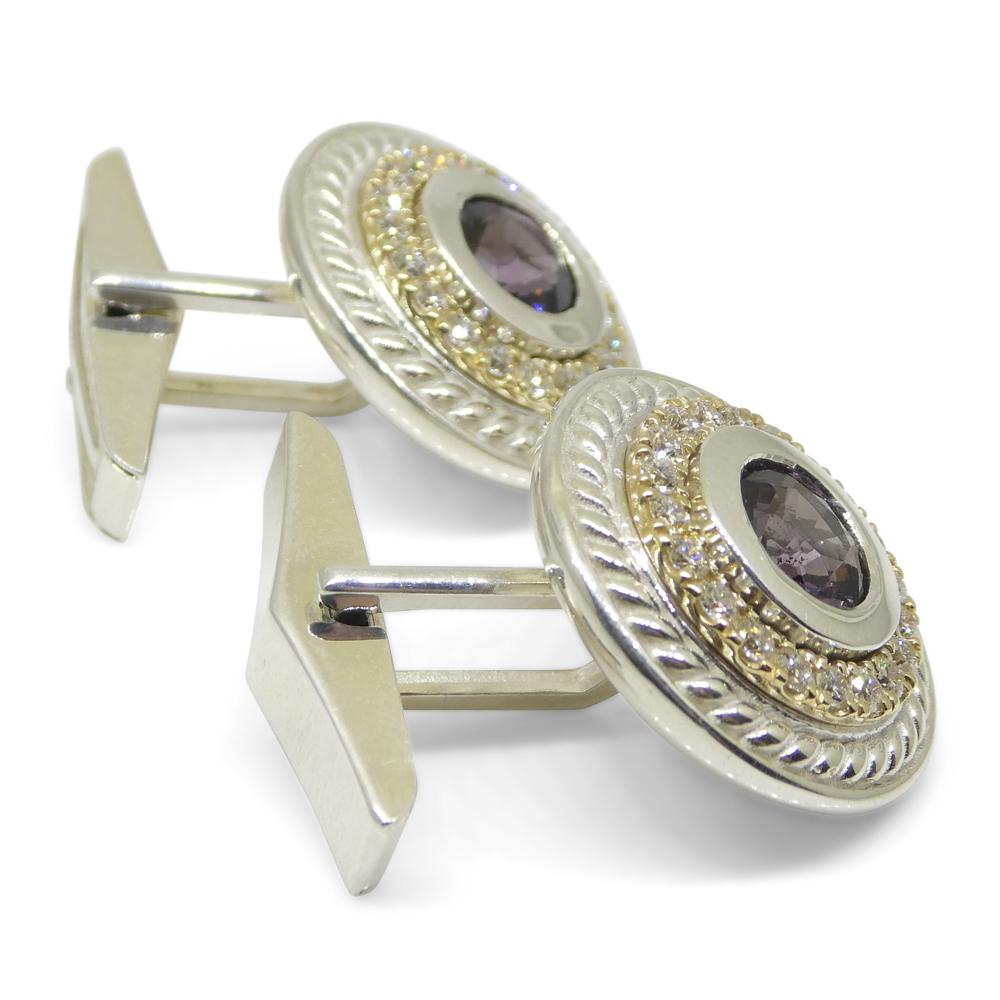 3.42ct Purple Spinel & Diamond Cufflinks set in 925 Sterling Silver and 14k Yell For Sale 2