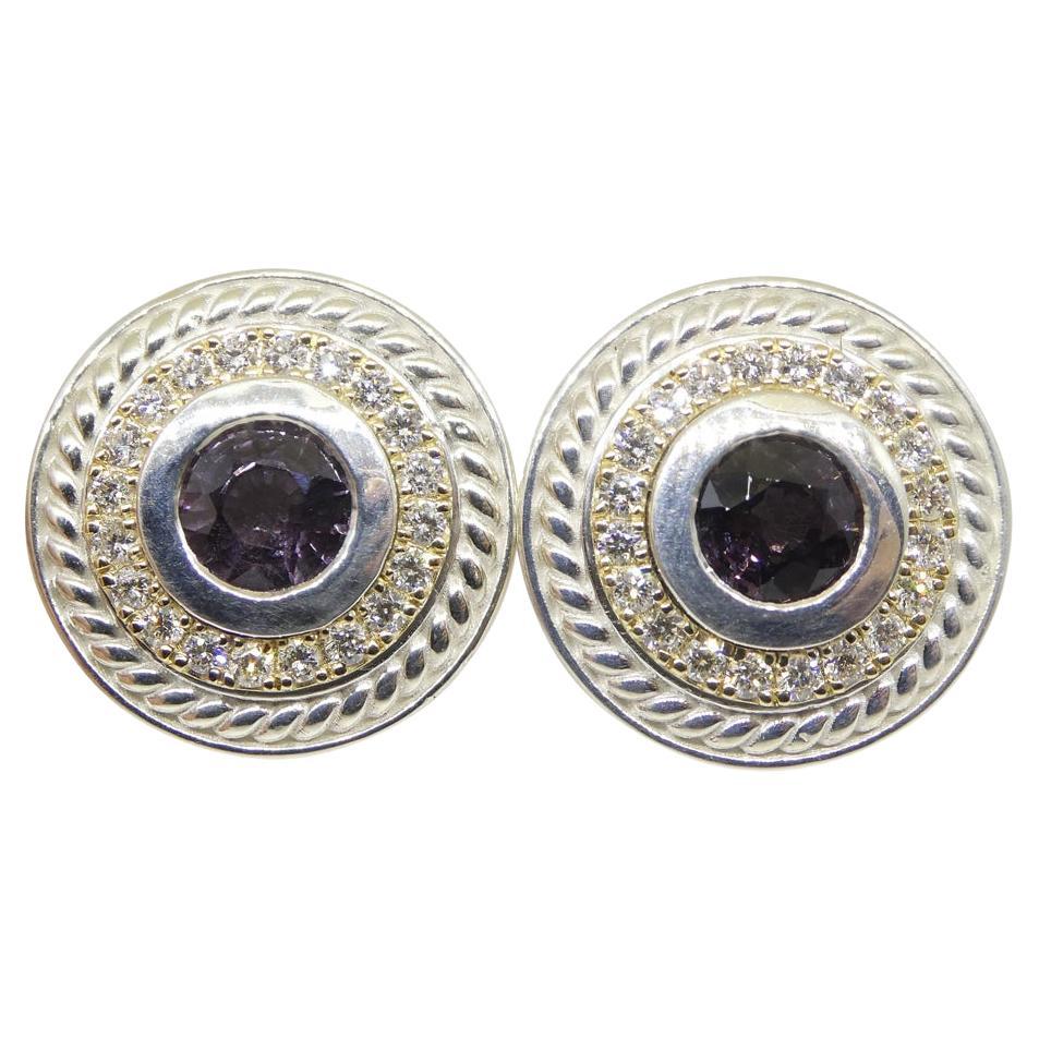 3.42ct Purple Spinel & Diamond Cufflinks set in 925 Sterling Silver and 14k Yell For Sale