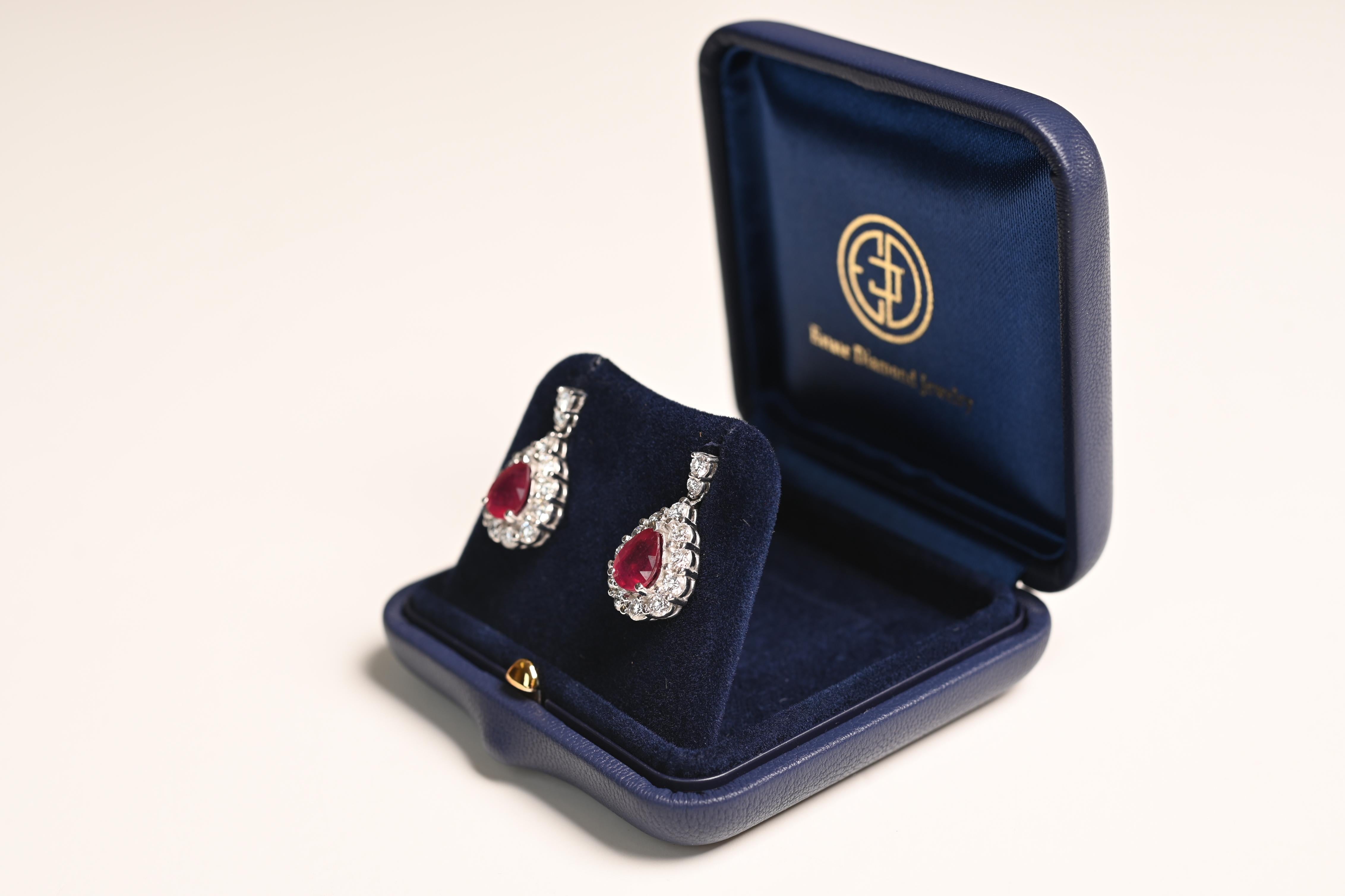 Art Deco Ruby (Approx 3.40-Carats) and Diamond Tear Drop Earrings, Platinum For Sale