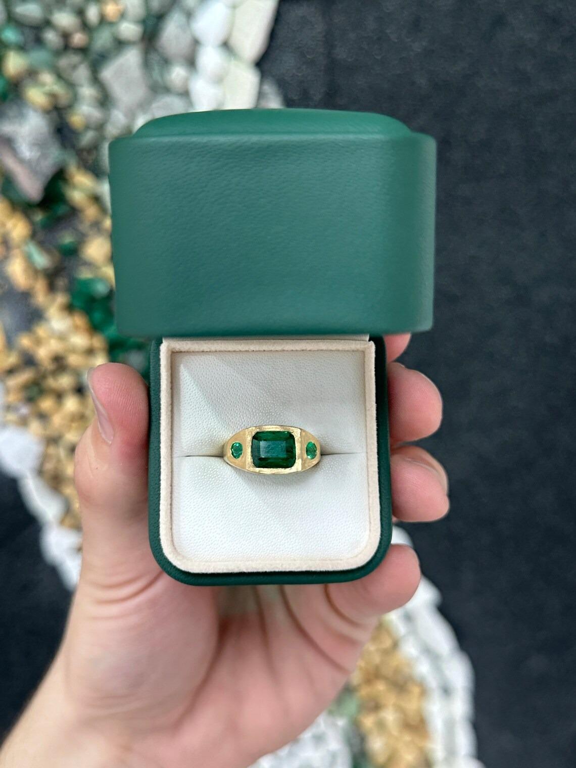 Emerald Cut 3.42tcw 18K Deep Green Emerald & Round Cut Emerald Bezel Satin Gold Finish Ring For Sale