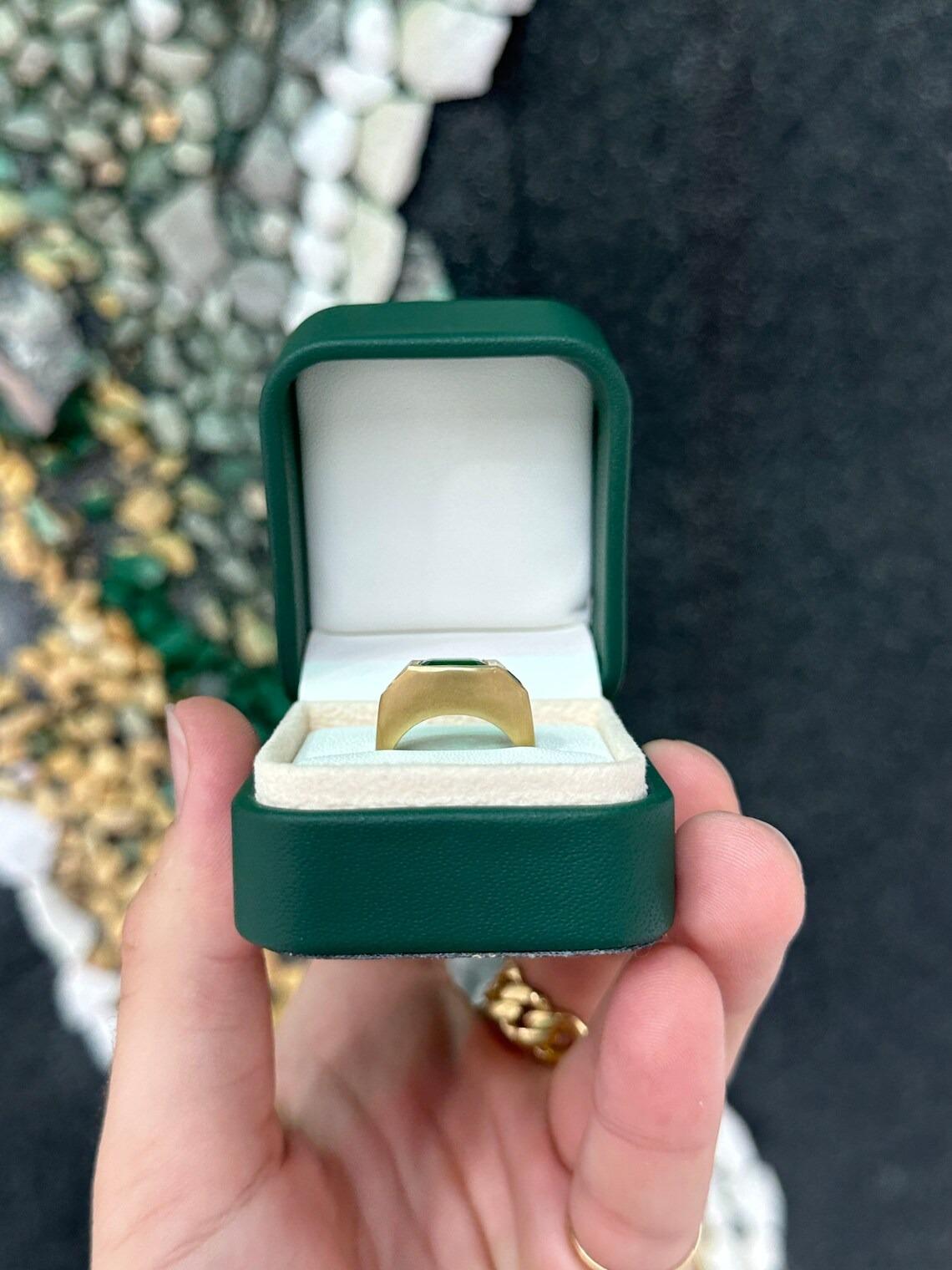 Women's 3.42tcw 18K Deep Green Emerald & Round Cut Emerald Bezel Satin Gold Finish Ring For Sale