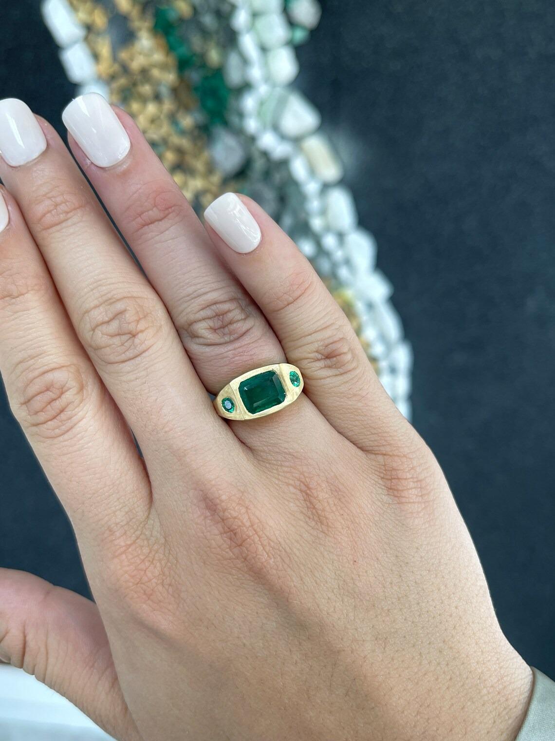 3.42tcw 18K Deep Green Emerald & Round Cut Emerald Bezel Satin Gold Finish Ring For Sale 1