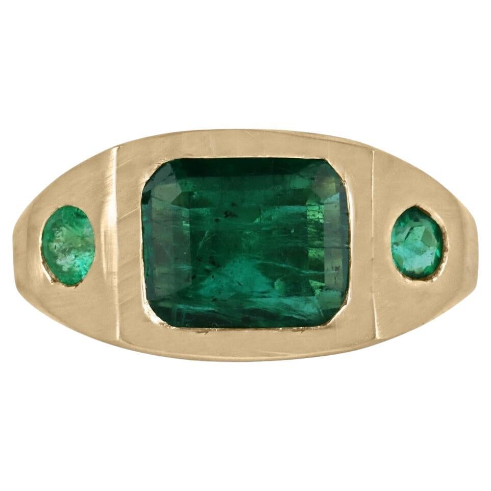 3.42tcw 18K Deep Green Emerald & Round Cut Emerald Bezel Satin Gold Finish Ring For Sale