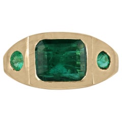 3.42tcw 18K Deep Green Emerald & Round Cut Emerald Bezel Satin Gold Finish Ring