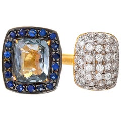 3.43 Carat Aquamarine Blue Sapphire Diamond 18 Karat Yellow Gold Open Band Ring