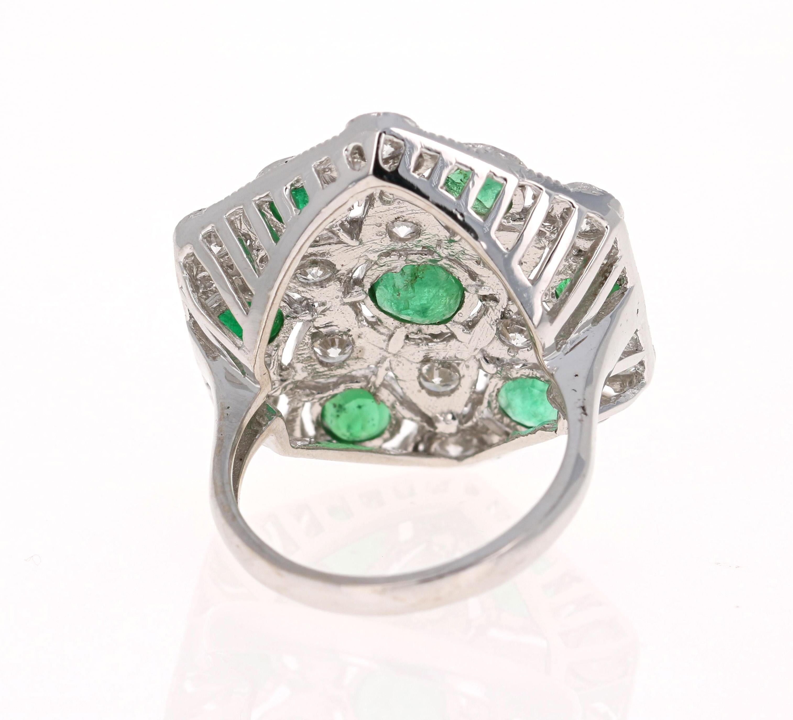 Round Cut 3.43 Carat Emerald Diamond 14 Karat White Gold Cocktail Ring For Sale