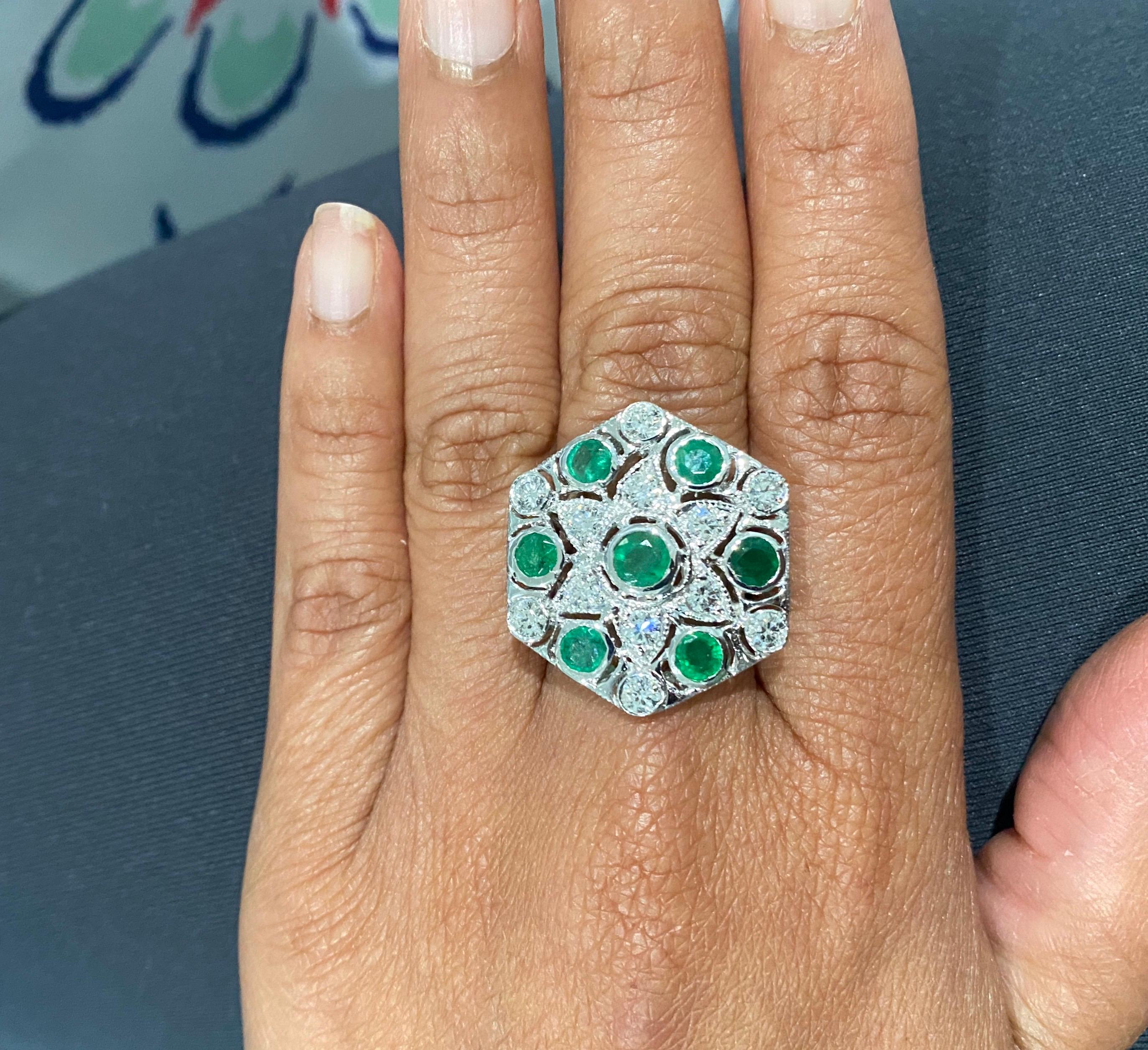 Women's 3.43 Carat Emerald Diamond 14 Karat White Gold Cocktail Ring For Sale