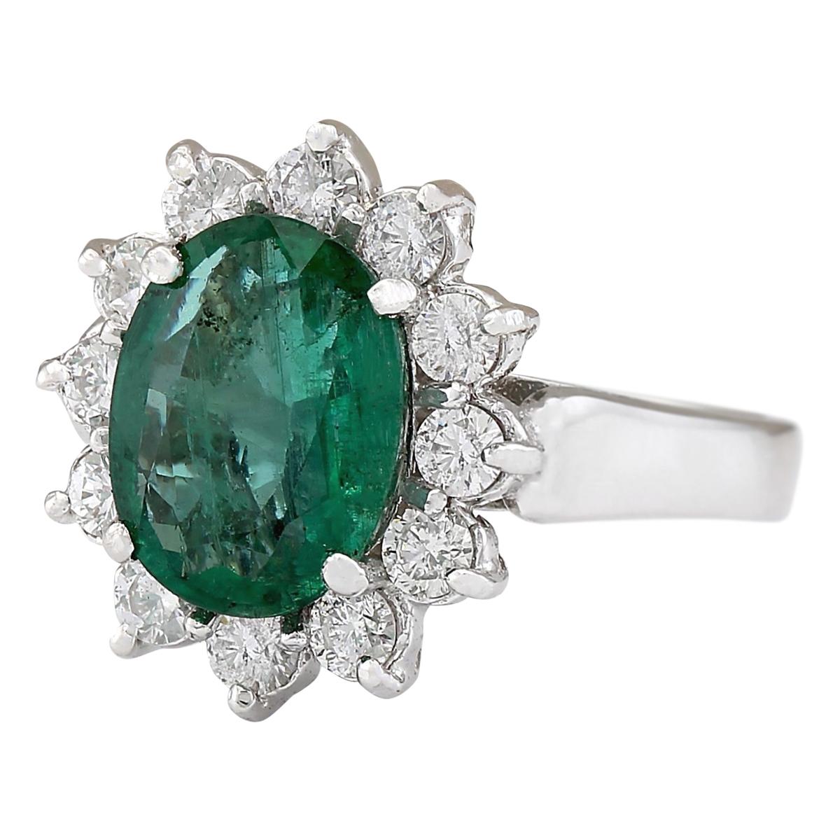 3.43 Carat Natural Emerald 14 Karat White Gold Diamond Ring
Stamped: 14K White Gold
Total Ring Weight: 5.3 Grams
Total Natural Emerald Weight is 2.58 Carat (Measures: 10.00x8.00 mm)
Color: Green
Total Natural Diamond Weight is 0.85 Carat
Color: F-G,