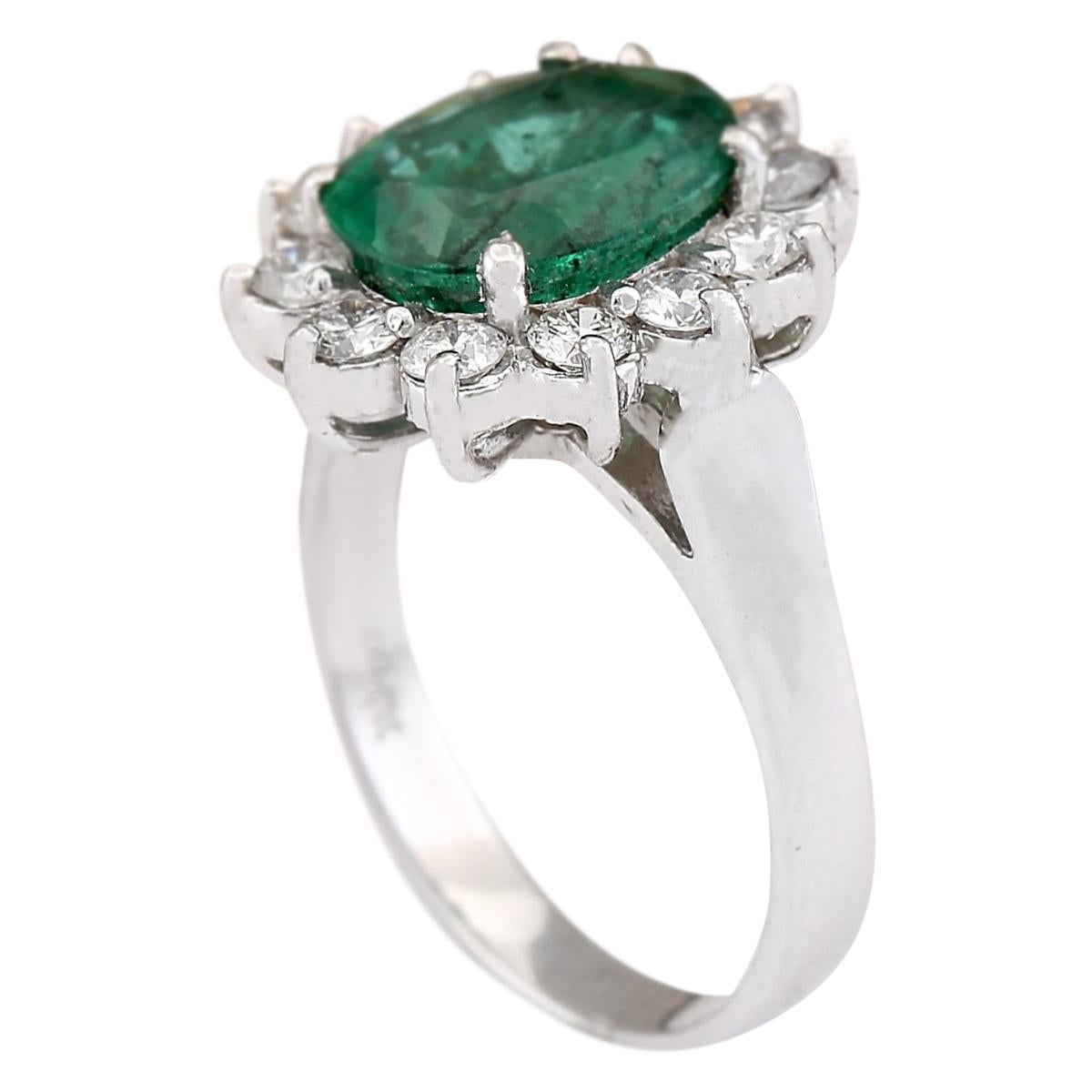 Oval Cut Emerald Diamond Ring In 14 Karat White Gold For Sale