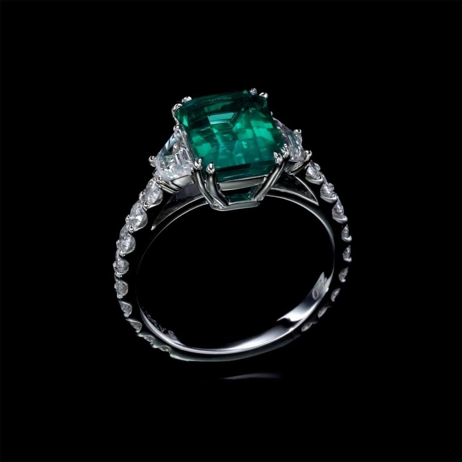 Emerald Cut 3.43 Carat Natural Emerald Ring 1.50 Carat Natural Diamonds For Sale