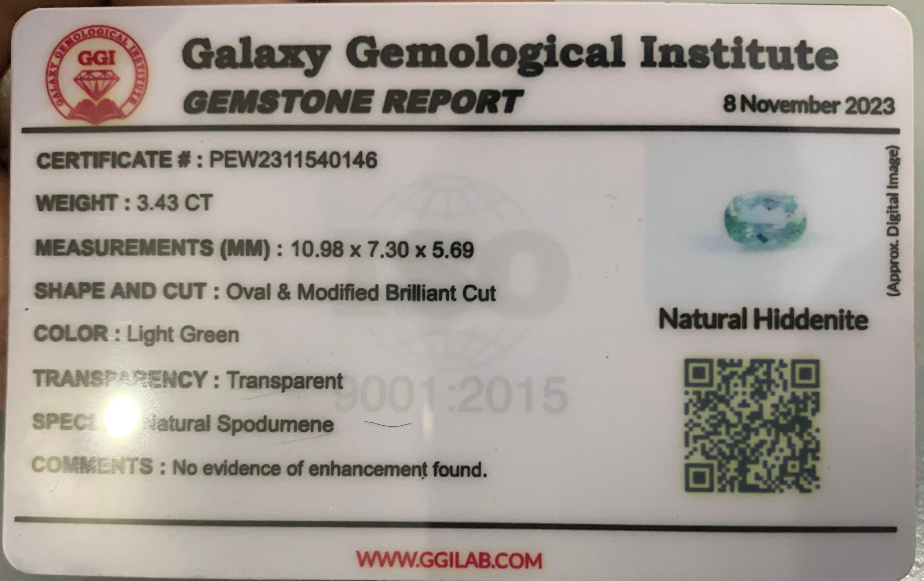 3.43 Carat Natural Loose Hiddenite Oval Shape Spodumene For Jewellery Making For Sale 2