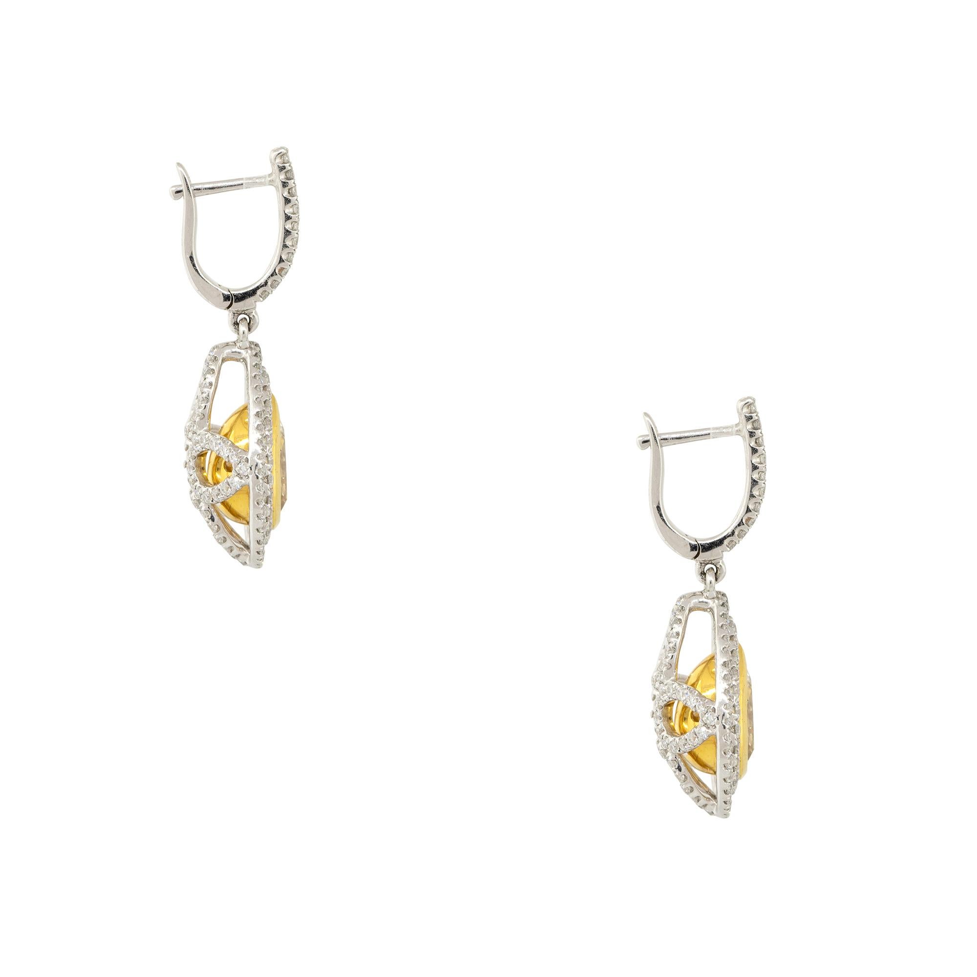 Women's 3.43 Carat Pear Shaped Yellow Diamond Drop Earrings 18 Karat in Stock For Sale