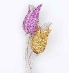 3.43 Carat Pink Sapphire Yellow Sapphire Diamond Tulip Brooch 18K White Gold Pin