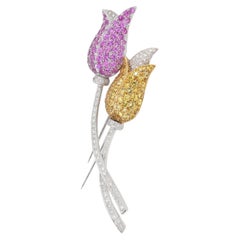 3.43 Carat Pink Sapphire Yellow Sapphire Diamond Tulip Brooch 18K White Gold Pin