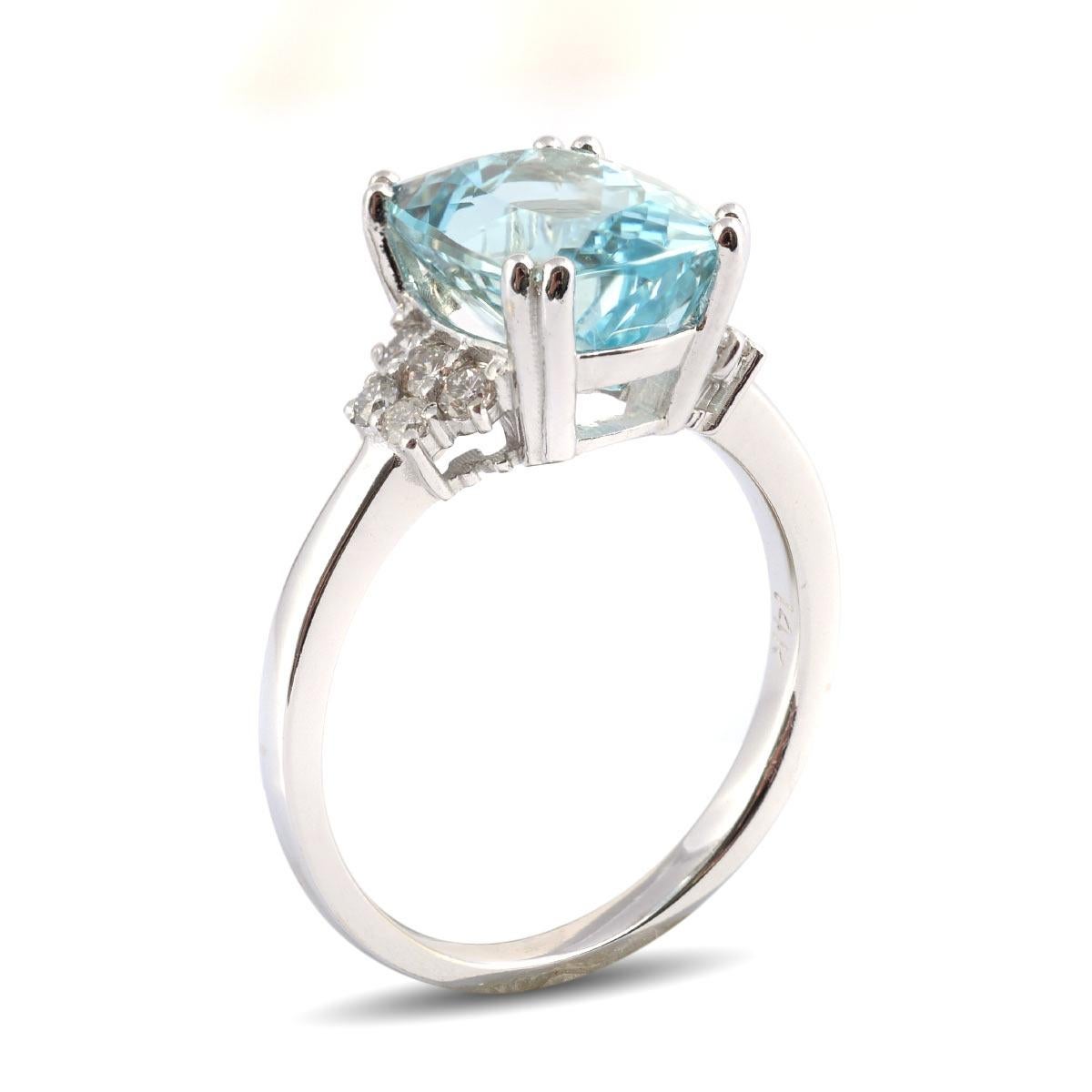 Aquamarines have a sensual aura around them. The gems soothing colors paired with excellent optical features are what add to its beauty and charm. Here is a 3.43 carat gem that has been set in 14K white gold and boasts unmatched splendor. Cut as a