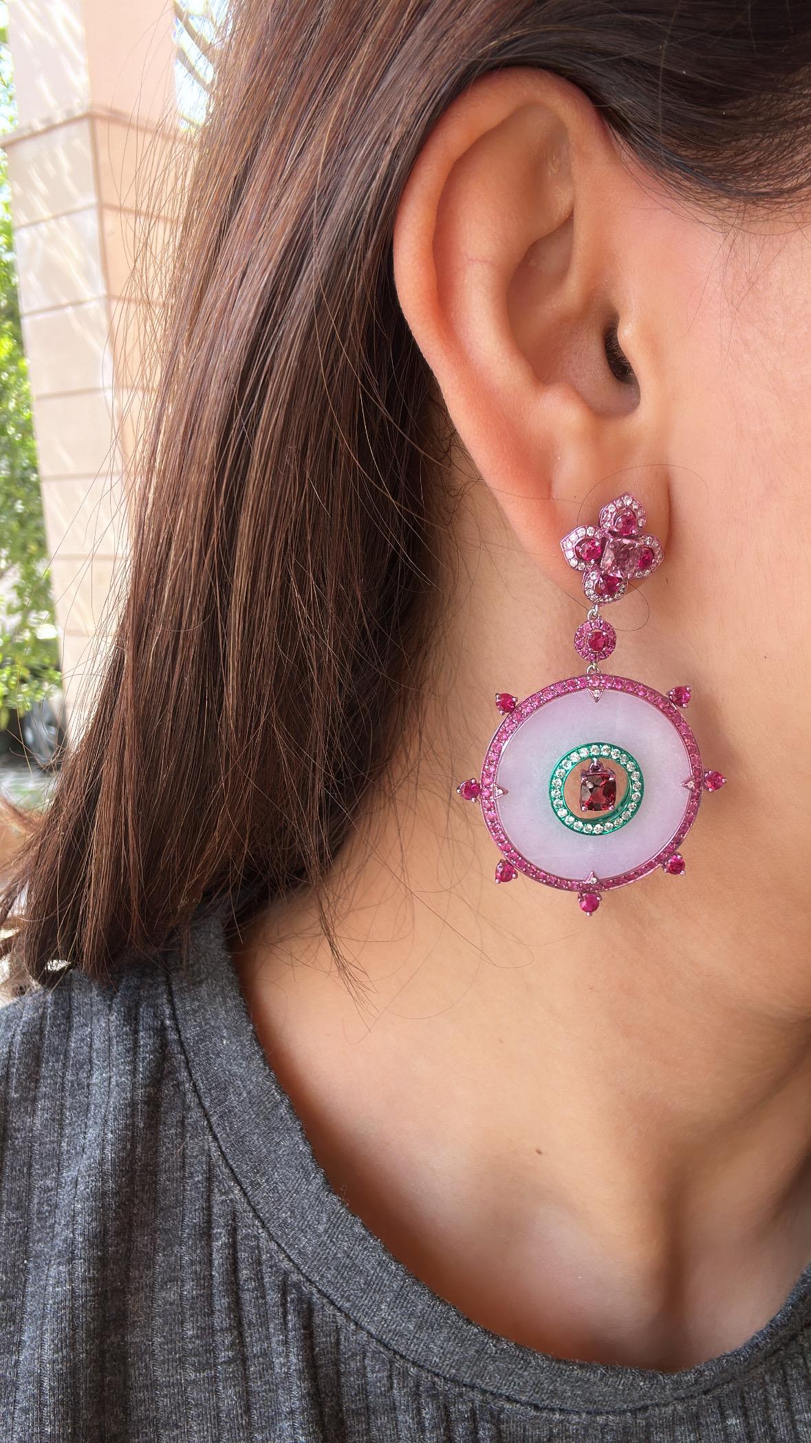 3.43 carats, Spinel, Ruby, Pink Sapphires, Lavender Jade & Diamonds Hoop Earring For Sale 4