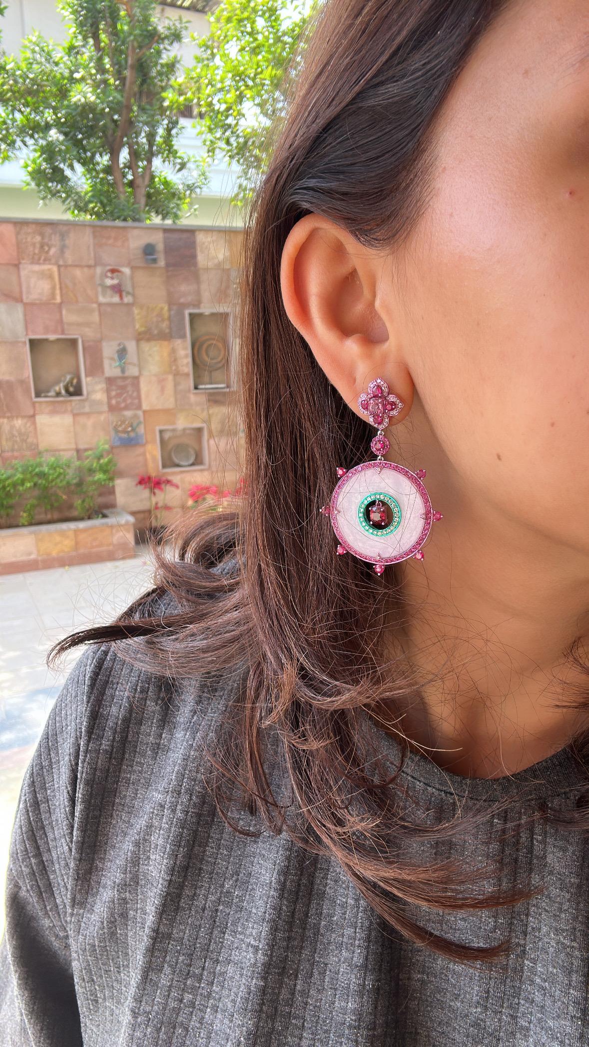 3.43 carats, Spinel, Ruby, Pink Sapphires, Lavender Jade & Diamonds Hoop Earring For Sale 6