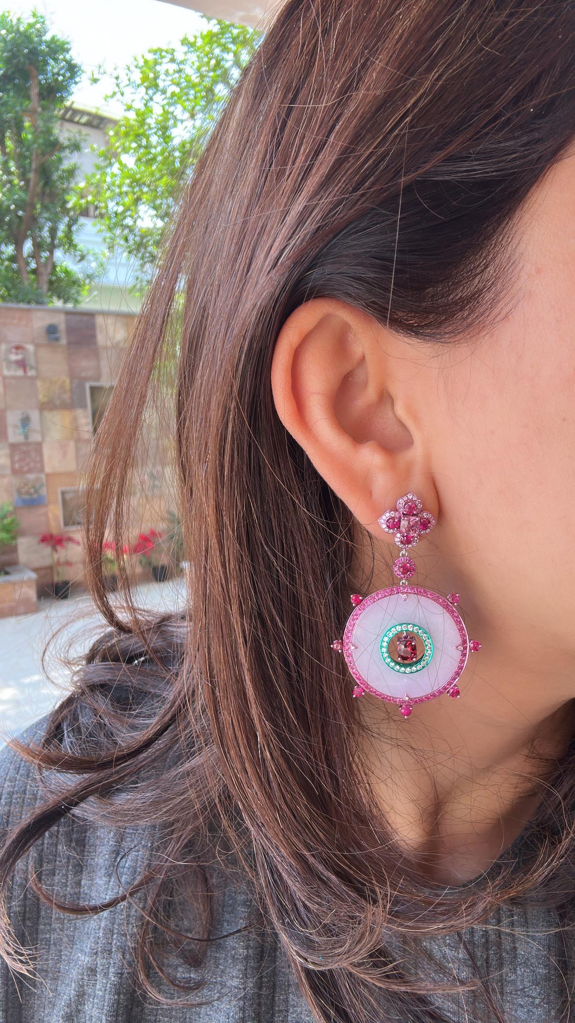 3.43 carats, Spinel, Ruby, Pink Sapphires, Lavender Jade & Diamonds Hoop Earring For Sale 7