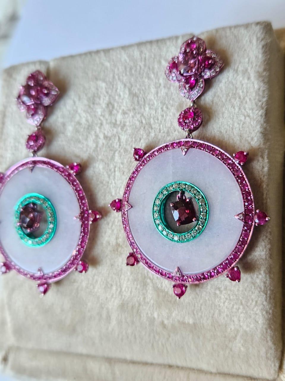 Modern 3.43 carats, Spinel, Ruby, Pink Sapphires, Lavender Jade & Diamonds Hoop Earring For Sale