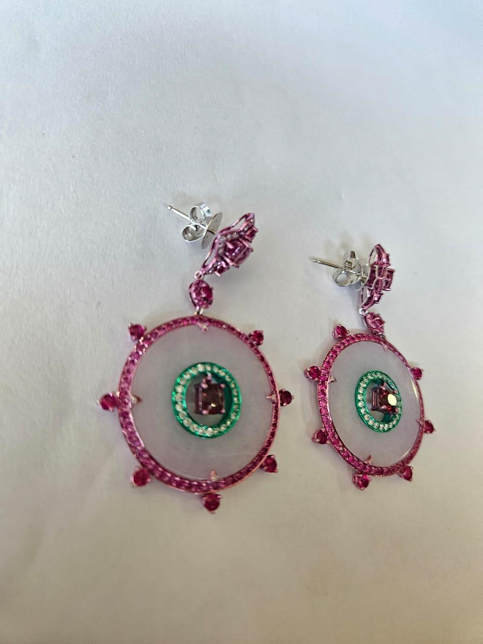 Women's or Men's 3.43 carats, Spinel, Ruby, Pink Sapphires, Lavender Jade & Diamonds Hoop Earring For Sale