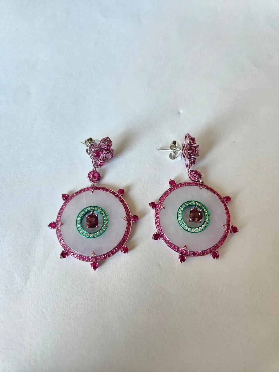 3.43 carats, Spinel, Ruby, Pink Sapphires, Lavender Jade & Diamonds Hoop Earring For Sale 1