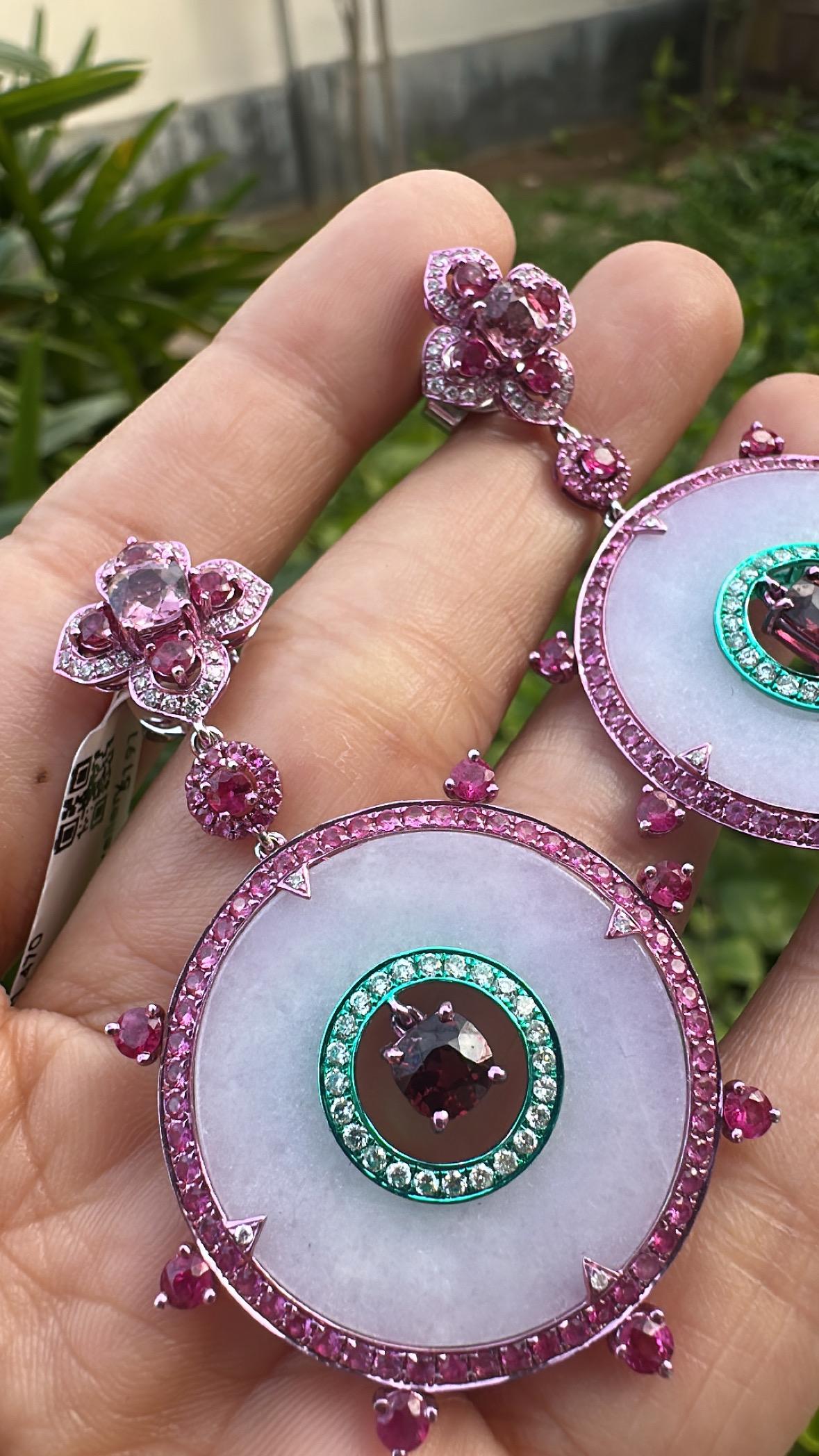 3.43 carats, Spinel, Ruby, Pink Sapphires, Lavender Jade & Diamonds Hoop Earring For Sale 2