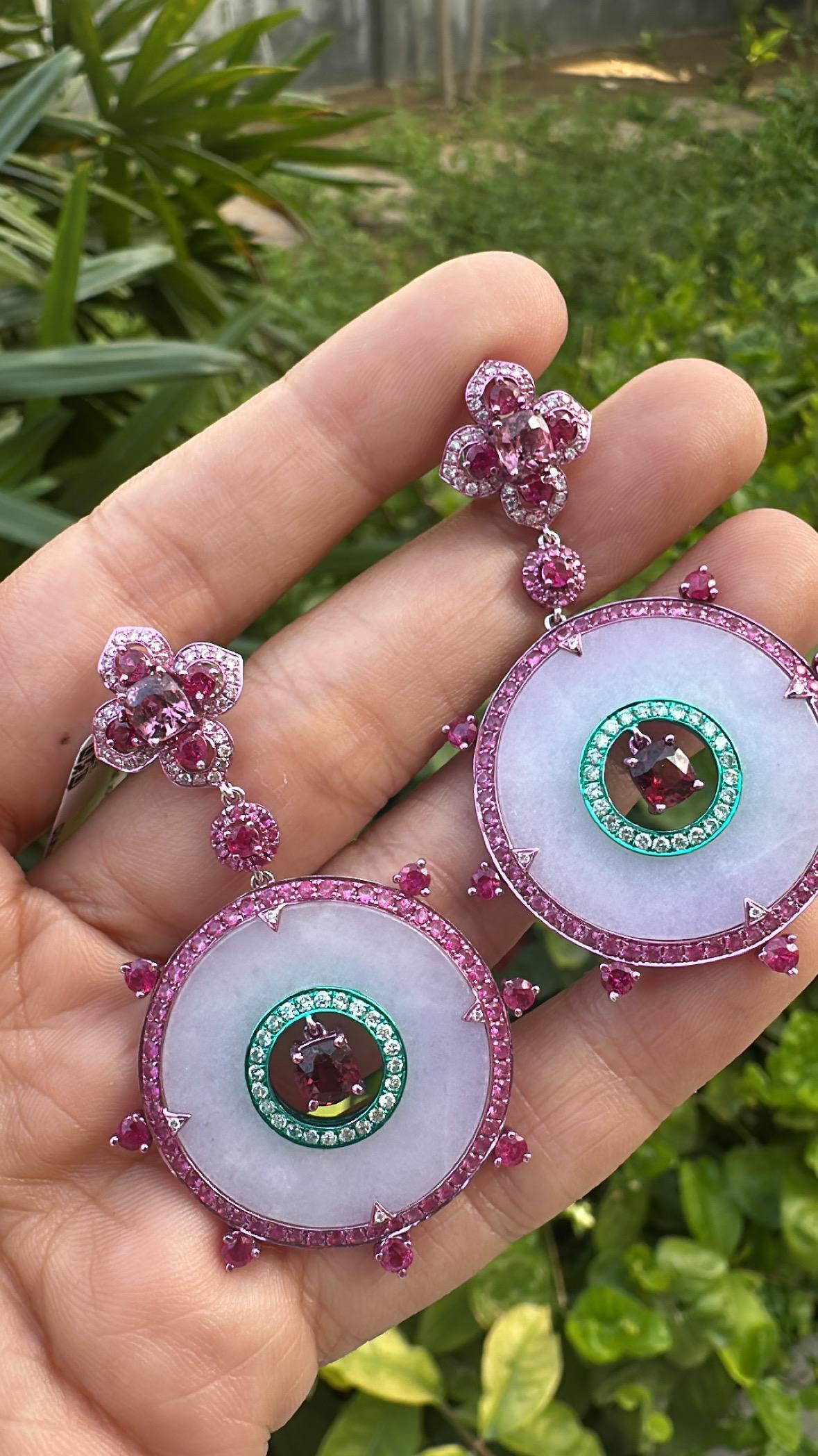 3.43 carats, Spinel, Ruby, Pink Sapphires, Lavender Jade & Diamonds Hoop Earring For Sale 3