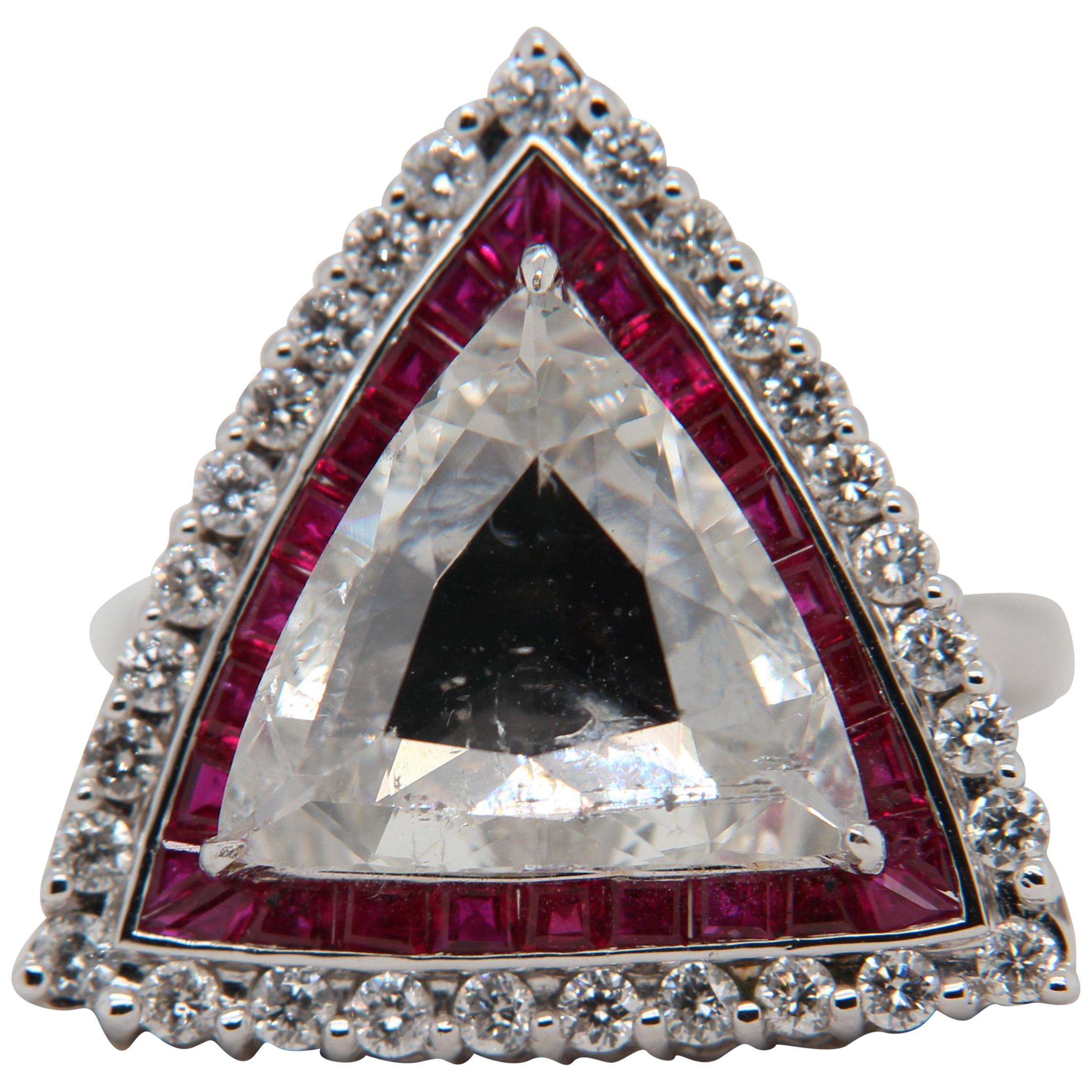 3.43 Carat Triangle Rose Cut Diamond and Ruby Ring For Sale