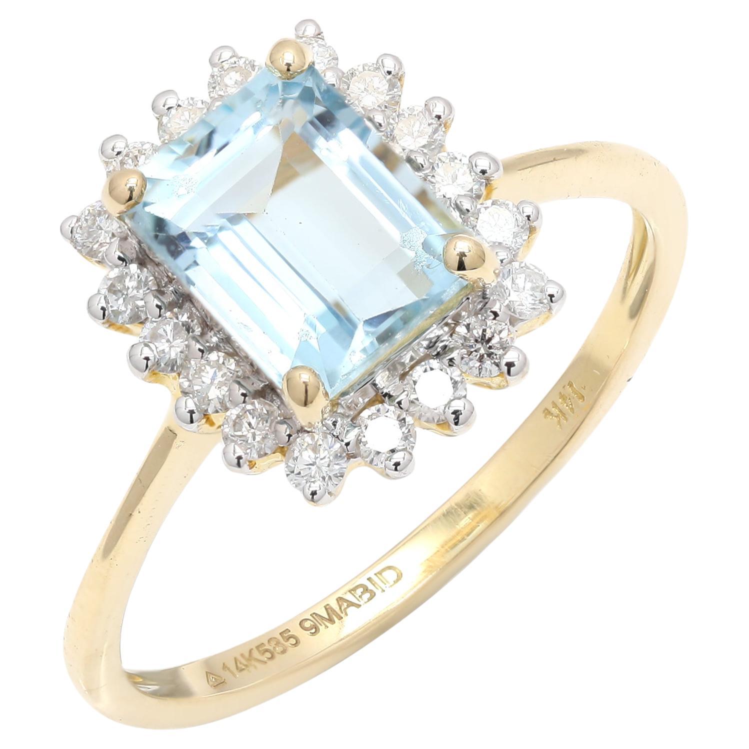 1,95 Karat Aquamarinring mit Achteckschliff und Halo-Diamant aus 14 Karat massivem Gelbgold