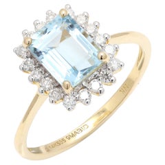 1.95 ct Octagon Cut Aquamarine Ring with Halo Diamond in 14kt Solid Yellow Gold