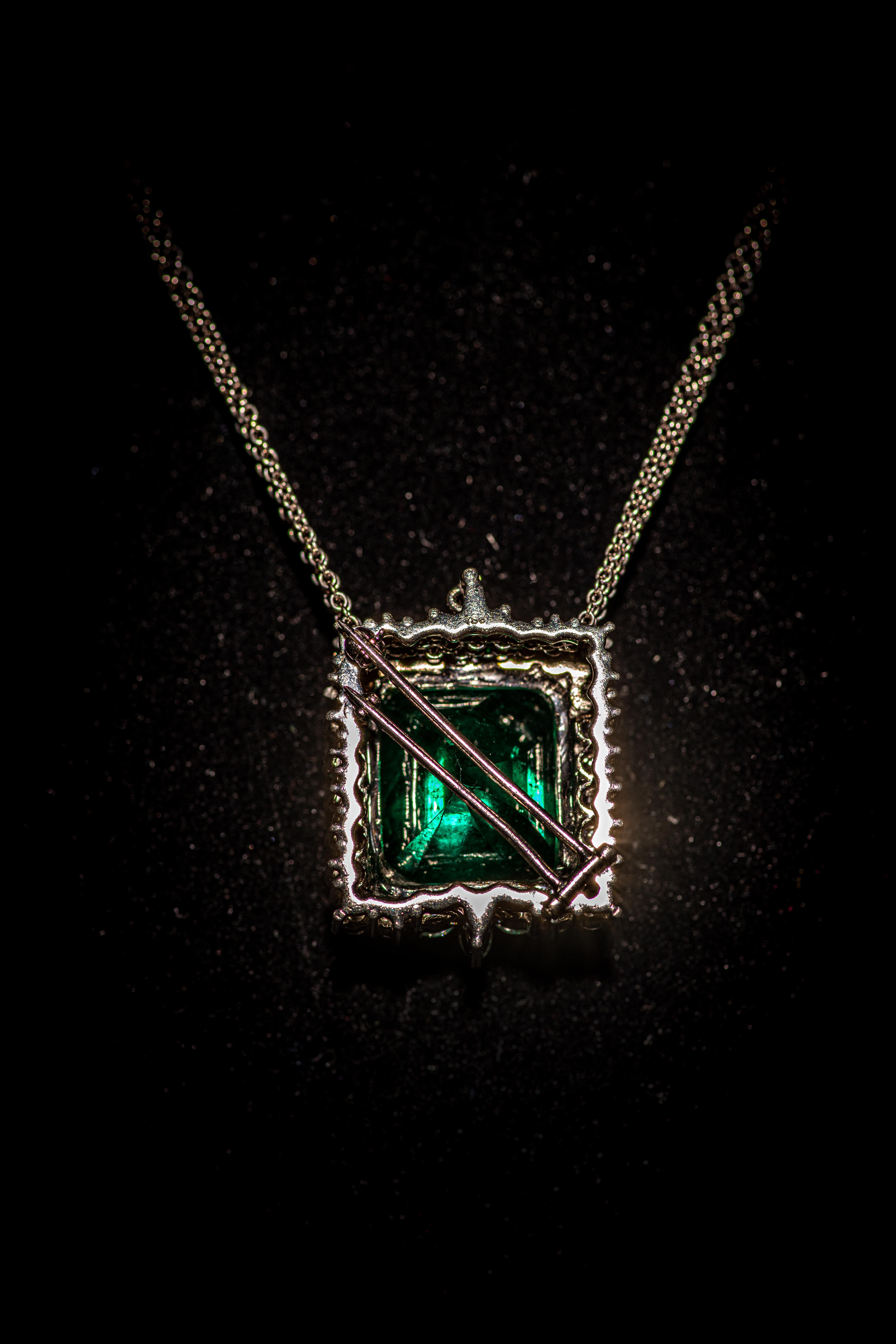 34.30 AGL Certified Colombian Emerald Brooch Pendant In Good Condition In Austin, TX