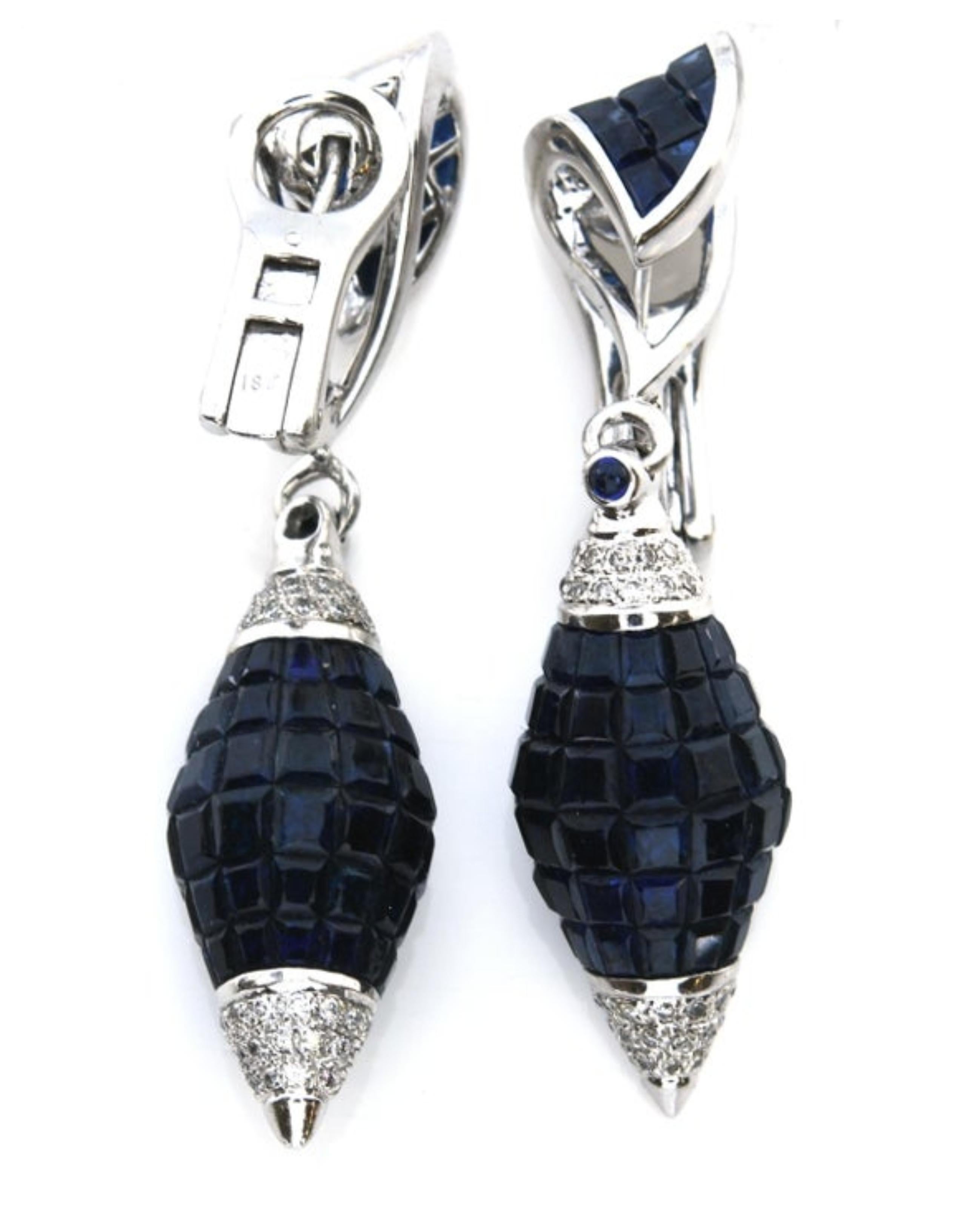 Contemporary 34.30 Carat Blue Sapphire and Diamond Invisible Set Fashion Earrings