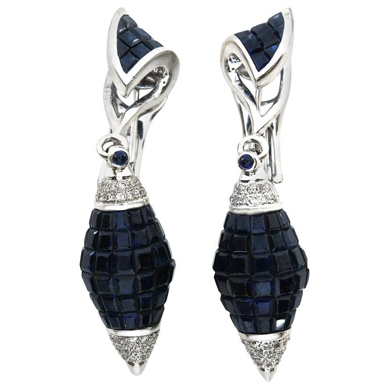 34.30 Carat Blue Sapphire and Diamond Invisible Set Fashion Earrings