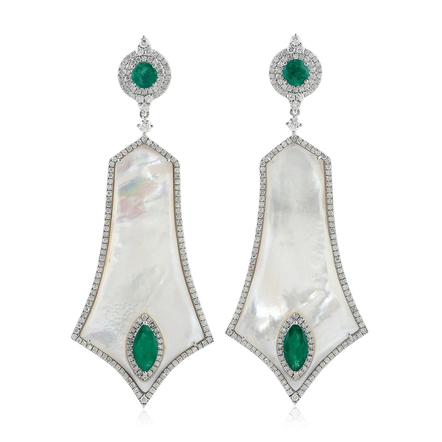 Mixed Cut 34.32 ct Mother-of-Pearl Earring with Diamonds and Emeralds Made In 18k Gold For Sale
