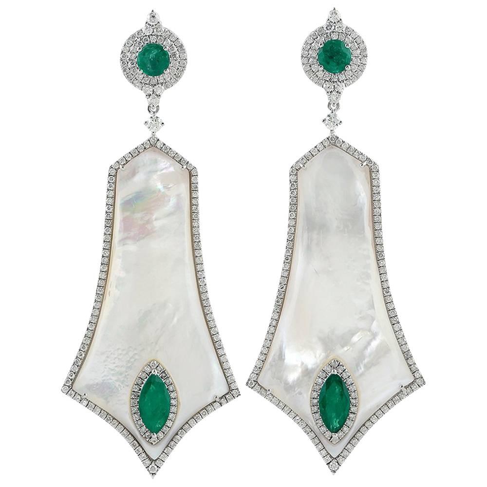 34.32 ct Mother-of-Pearl Earring with Diamonds and Emeralds Made In 18k Gold