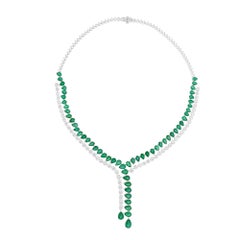 34.38 TCW Pear Zambian Emerald H/SI Round Diamond Necklace 14 Karat White Gold