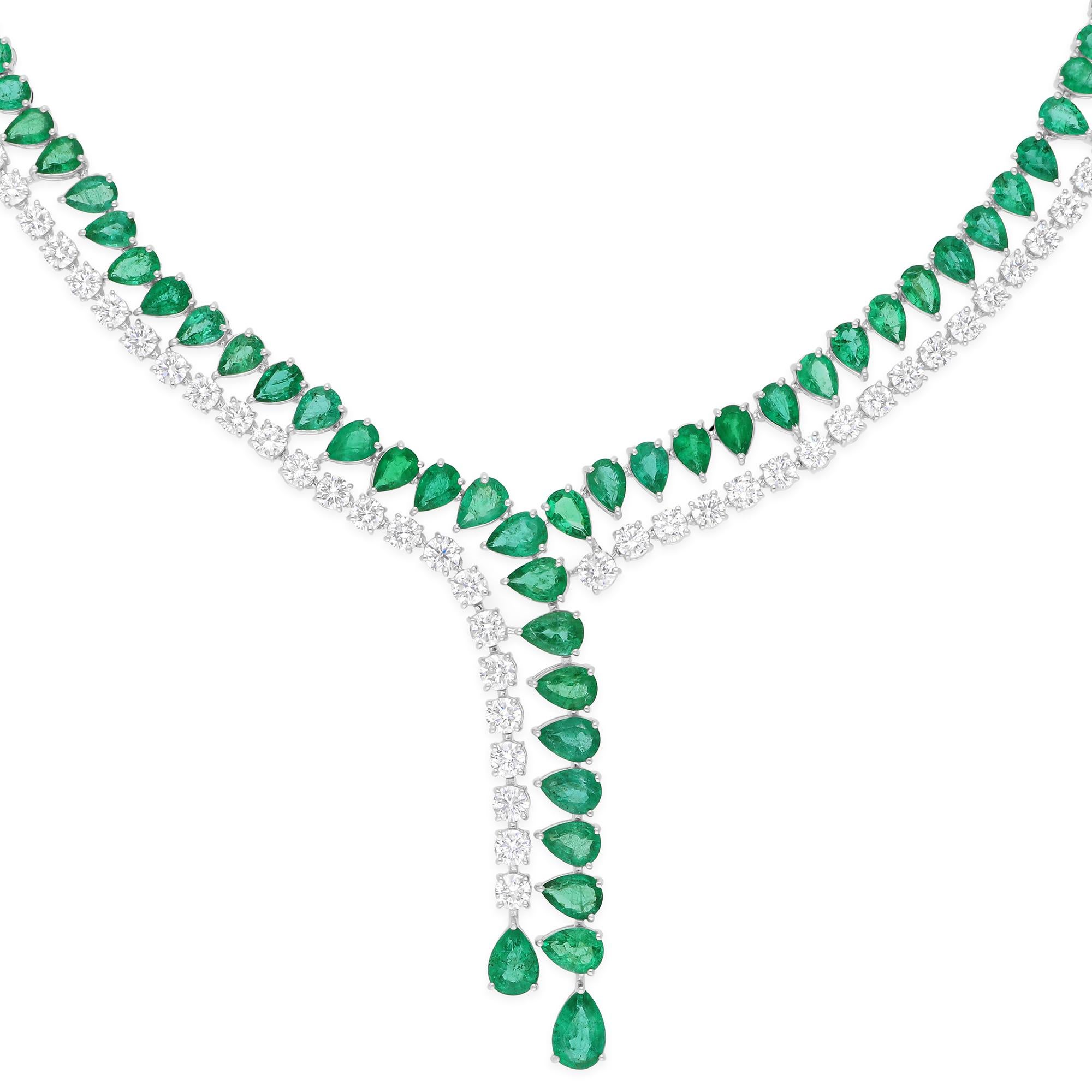 Pear Cut 34.38 TCW Pear Zambian Emerald H/SI Round Diamond Necklace 14 Karat White Gold For Sale