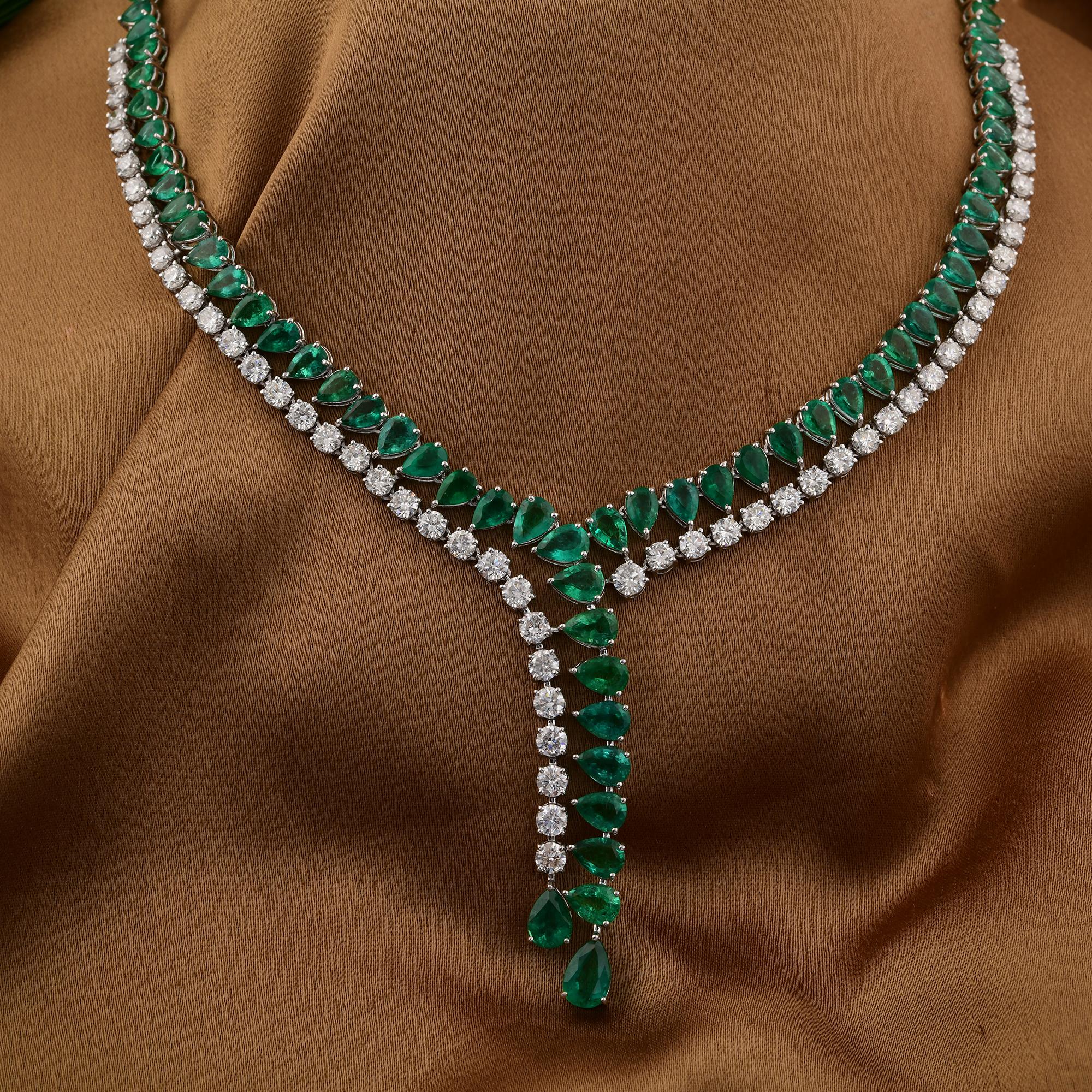 34.38 TCW Pear Zambian Emerald H/SI Round Diamond Necklace 14 Karat White Gold In New Condition For Sale In Diera, Dubai